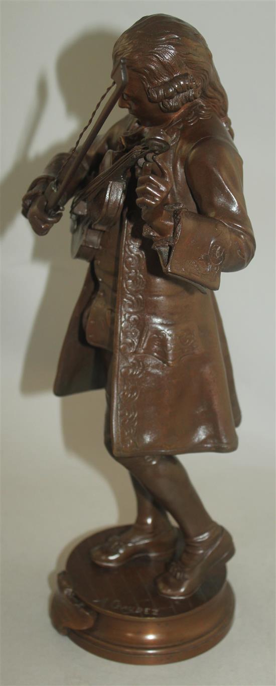 Adrien Etienne Gaudez (1845-1902). A patinated bronze study of young Mozart standing tuning his violin, 13.25in.